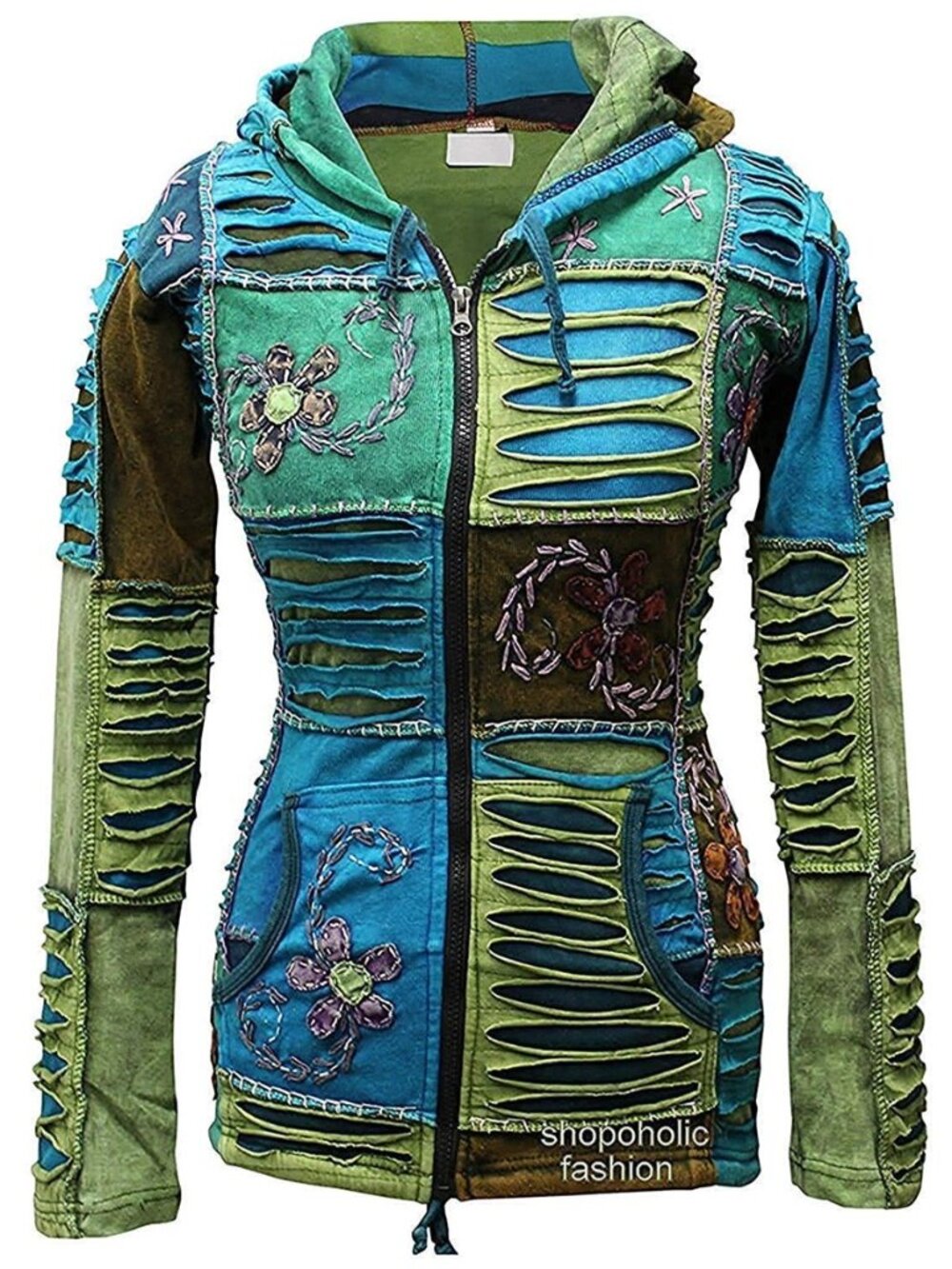 Women Hippie Floral Embroidery Razor Cut Zip Up Hoodie